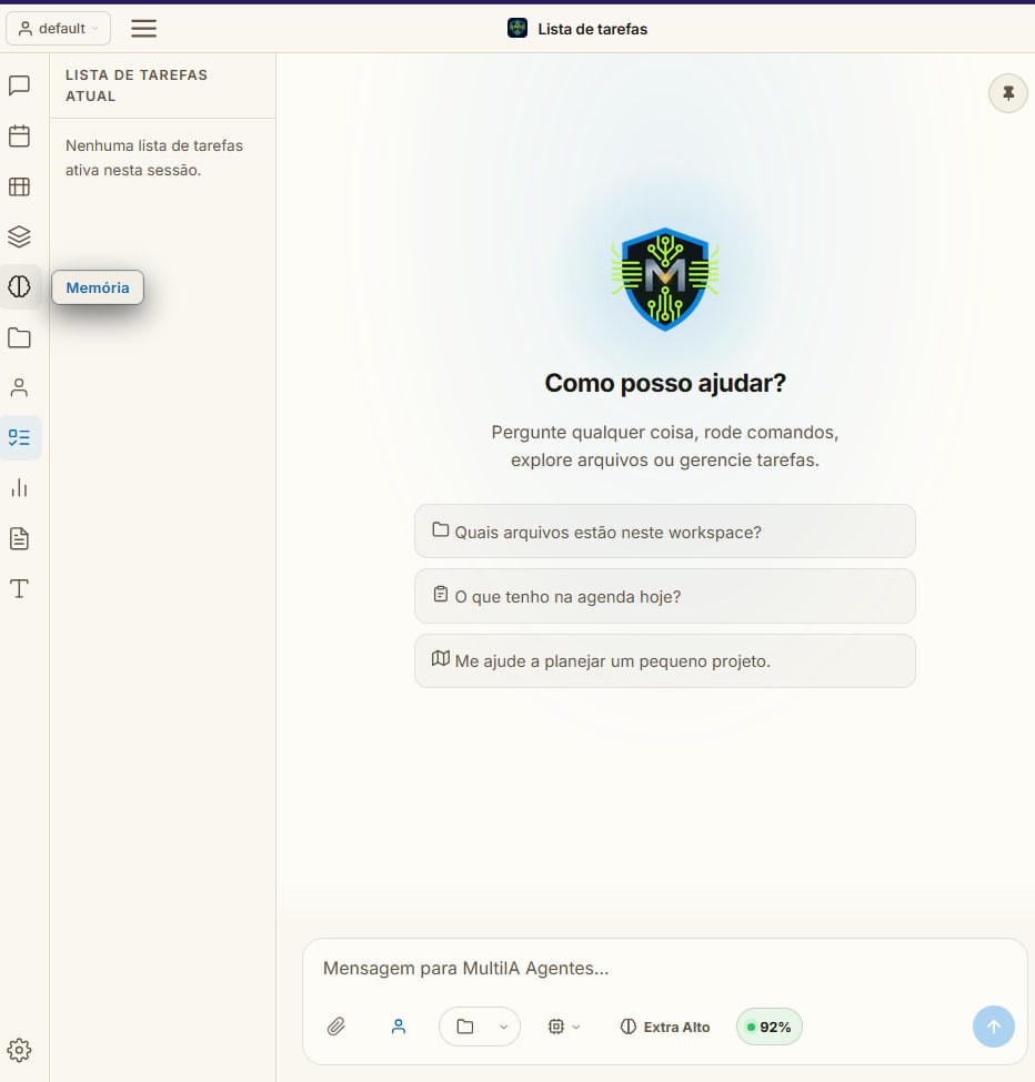 Interface da plataforma MultiIA Agentes com área de conversa, navegação lateral e campo de interação.